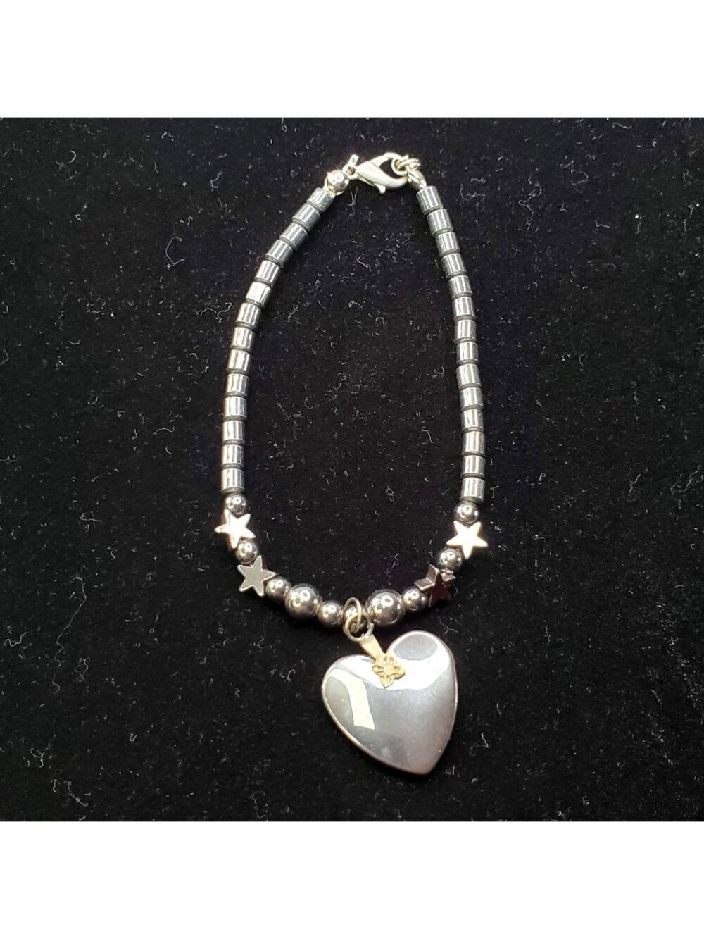 Silver Grey-Tone Hematite Beaded Bracelet With Heart Charm & Star Accents